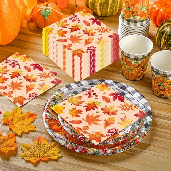 96PCS Maple Leaf Disposable Plates and Cutlery Set for 24 Guests, Fall Thanksgiving Themed Dinnerware Set for Party, 9'' Dinner Plates, 7'' Dessert Plates, 9oz Cups & Napkins for Wedding & Party