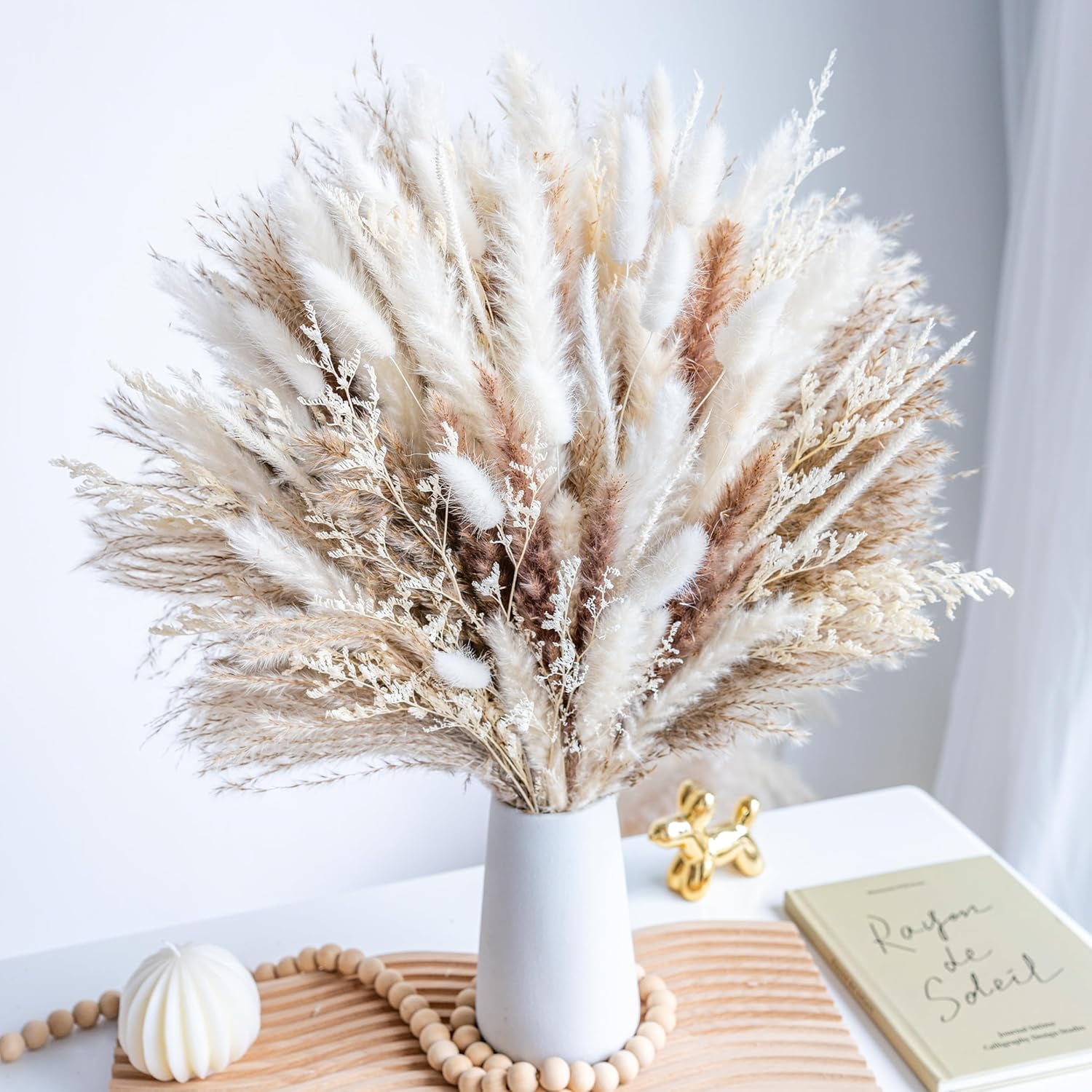 96PCS Natural Dried Pampas Grass Bouquet, Phragmites Dried Flowers Boho Home Decor for Wedding Floral Arrangements & Living Room Decorations