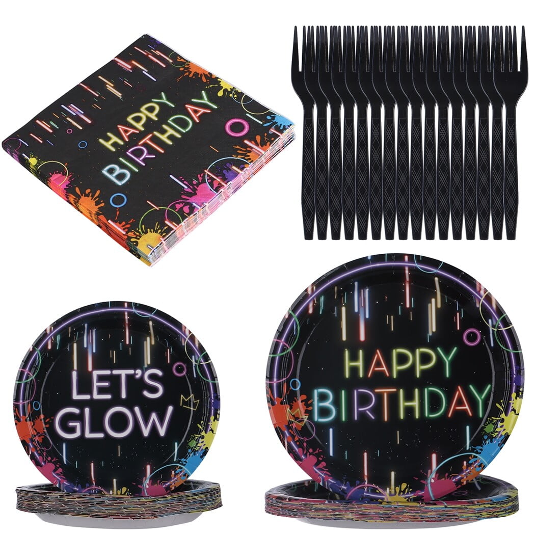 durony 100 Pieces Neon Glow Party Supplies Glow In Dark Tableware Set  Includes Paper Plates, Cups, Napkins, Neon Birthday Party Decorations Glow  In