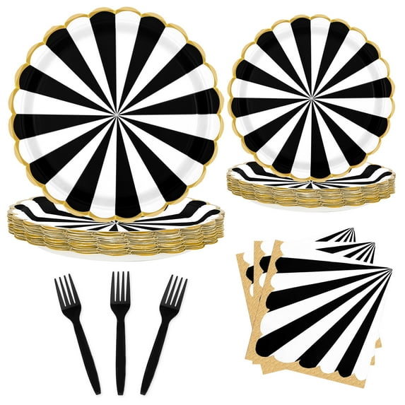 96PCS Party Plates, Black Paper Plates and Napkins, Disposable Tableware Set, Party Supplies for Kids Birthday Baby Shower Bridal Shower Picnic, Serve for 24 Guests, Black and White