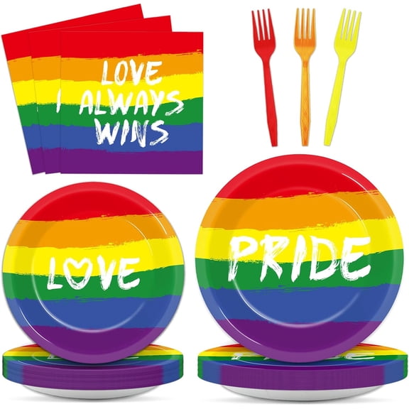 96PCS Pride Party Decorations Tableware Set Rainbow Party Supplies for 24 Guests Disposable LGBT Dinnerware Plates Napkins Forks for Rainbow Gay Pride Theme Favors