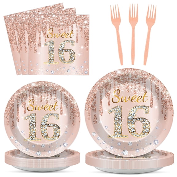96PCS Rose Gold 16th Birthday Party Plates Napkins Disposable Tableware Set Serves 24