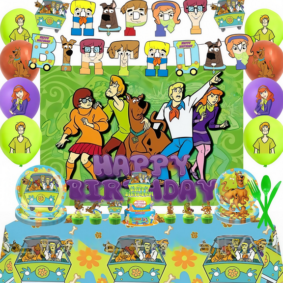 96PCS Scooby-Doo cartoon birthday decorations, party supplies set includes banners, tablecloths, backdrops, balloons, plates, cake cupcake decorations, boy and girl cartoon theme party tablecloths