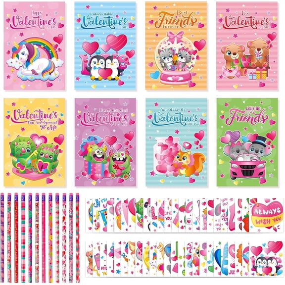 Valentines Day Gifts for Kids, 24 Greeting Cards 24 Pencils and 48 Temporary Tattoos, Valentines Stationery Classroom Party Favors 96PCS