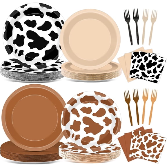 96PCS Western Cowboy Party Plates and Napkins Cow Print Party Supplies Brown Cowgirl Dessert Paper Plates Western Theme Tableware for 24 Guests Farm Animal Birthday Baby Shower Farmhouse Decorations