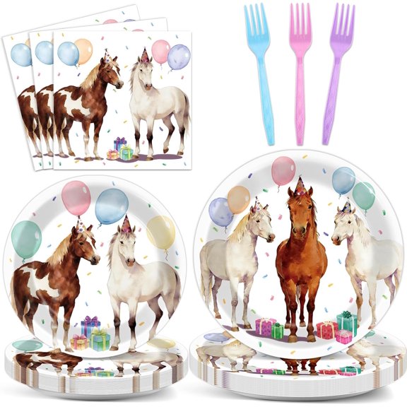 96PCS Western Horse Party Paper Plates and Napkins Horse Theme Birthday Dinnerware West Horses Racing Tableware for Derby Day Rodeo Wedding Bachelorette Baby Shower Party Decorations