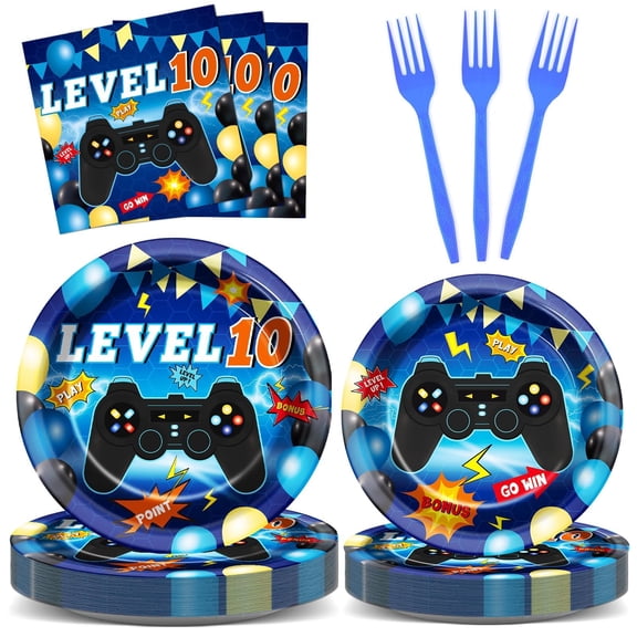 96Pcs 10th Birthday Video Game Party Supplies Blue 10th Plates and Napkins Tableware Set Level 10 Party Decorations for Boys Gamer Birthday 10 Year Old Party Favors for 24 Guests Y114