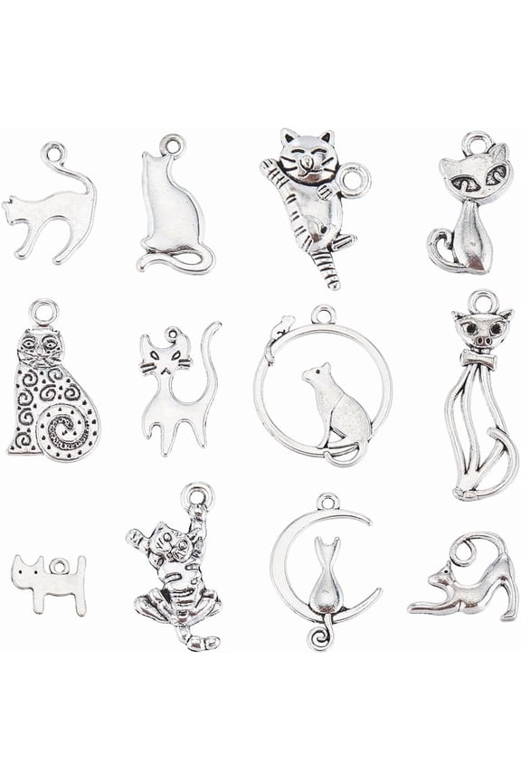 96Pcs 12 Styles Tibetan Style Alloy Kitten Pendants Cartoon Cat Shape Silver 11.5~34x8.5~26x1~3.5mm Hole: 0.7~3mm 8pcs/style art