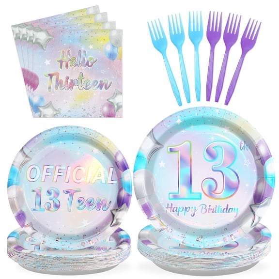 96Pcs 13th Birthday Decorations Iridescent 13th Party Plates and Napkins Disposable 350GSM Official Teen Birthday Tableware Set for Teen Girls Happy 13 Year Old Party Supplies, Serves 24 Y102