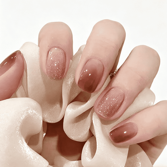 96Pcs 4 Box Fake Nails Set, Short Brown Nude Ombre with Glitter, Natural Looking Nails for Teen Girls School with Jelly Glue