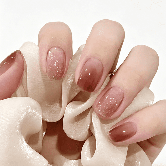 96Pcs 4 Box Fashion Press On Nails, Brown Nude Gradient Short Nails, Versatile Style for All Occasions with Jelly Glue
