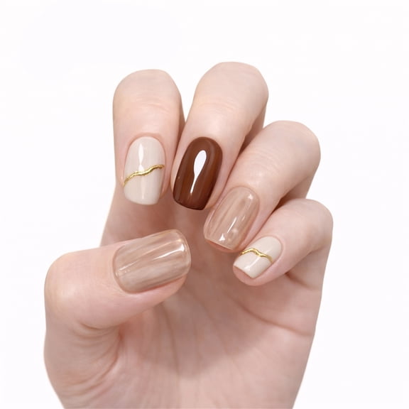 96Pcs 4 Box Press On Nail Kit, Mixed Beige & Brown & White Nails, Gold Line, Lightweight for Daily Outings with Jelly Glue