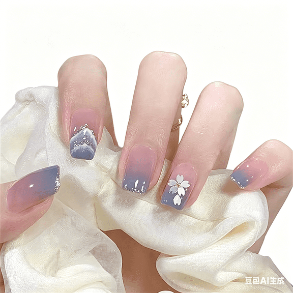 96Pcs 4 Box Wearable Nail Tips With Jelly Glue, Elegant Blue Purple Pink Gradient Press On Nails, Silver Glitter Edge White Flower Fake Nails For Women, Fake Nails For Birthday Prom Gift