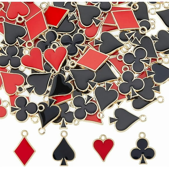 96Pcs 4 Styles Playing Card Charms Bulk Poker Charm Alloy Enamel Heart Rhombus Plum Blossom Charm Cute Red Black Charms for Jewelry Making DIY Craft Hole: 1.8-2mm Multi-color DIY