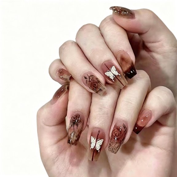 96Pcs 4Box Medium Coffin Press On Nails, Brown Gradient Butterfly Fake Nails with Jelly Glue, Reusable False Nail Tips for Women Daily Party & Bridal Wear