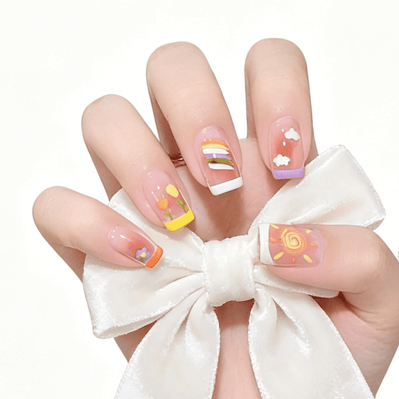 96Pcs 4Box Short Square Press On Nails, Nude Pink Fake Nails with Cute Sun, Rainbow & Cloud Print, Reusable False Nail Tips for Women Daily & Casual Wear, Playful & Whimsical