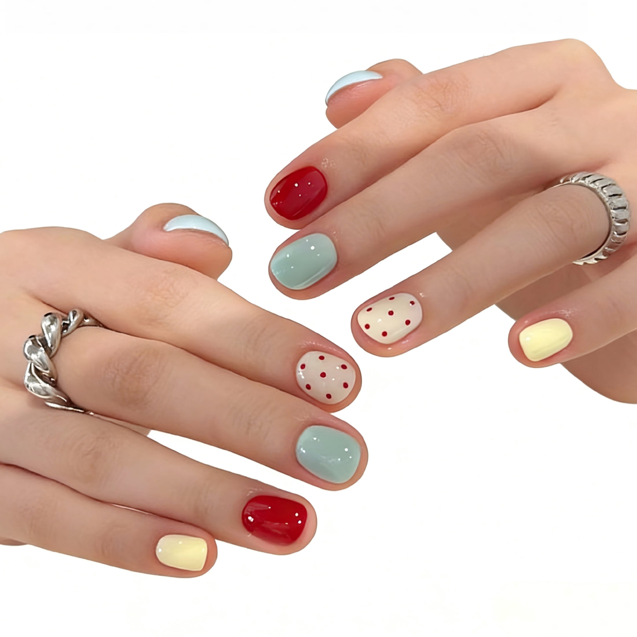 96Pcs 4Box Short Square Press On Nails, Red & Blue Polka Dot Fake Nails ...