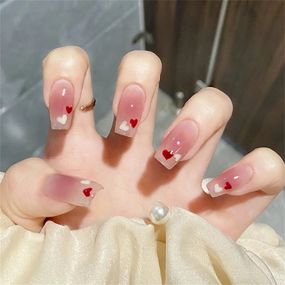 96Pcs 4Boxes Short Square Press On Nails Kit, Nude Pink Gradient Fake Nails With Red Heart, Reusable Acrylic Tips For Daily Wear Office Dating With Jelly Glue