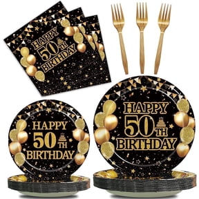 96Pcs 50th/1975 Birthday Party Set - Plates, Napkins, Forks for 24 Guests. Retro Tableware & Decor