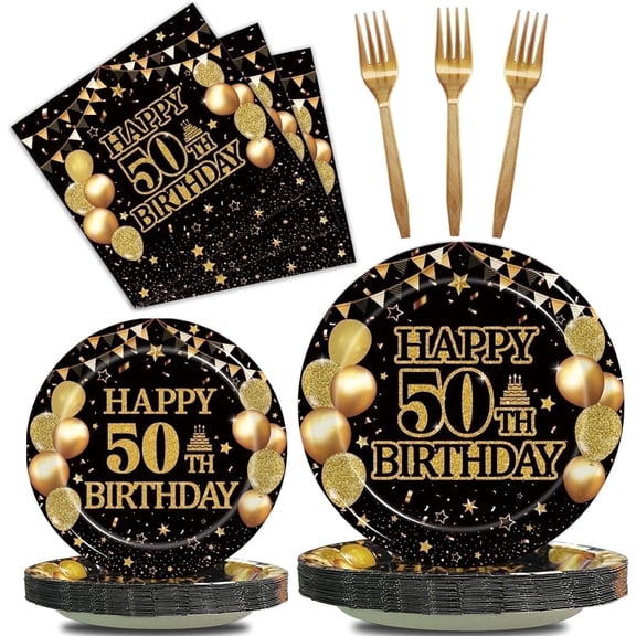 96Pcs 50th/1975 Birthday Party Set - Plates, Napkins, Forks for 24 Guests. Retro Tableware & Decor