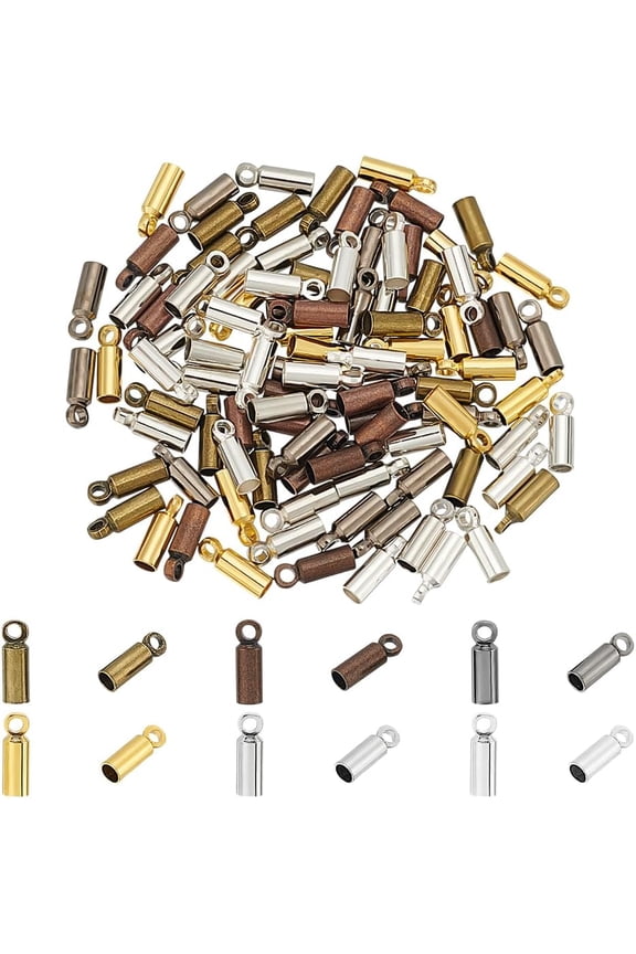96Pcs 6 Styles Cord End Caps 8mm Long Small Barrel End Tip with Loop Ring Brass Glue-in Leather Cord Terminators Crimp End Caps for Jewelry Making Hole: 1.5mm for DIY