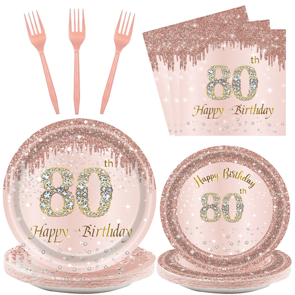 96Pcs 7th Birthday Theme Decoration Party Plates Birthday Party Pink Tableware Set for Birthday Party Dinner Plates Dessert Plates Napkins Forks 24 People