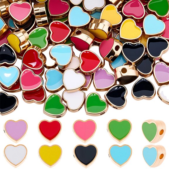 96Pcs 8 Colors Alloy Enamel Beads Golden Heart Mixed Color 7.5x8x4mm Hole: 1.5mm 12pcs/color