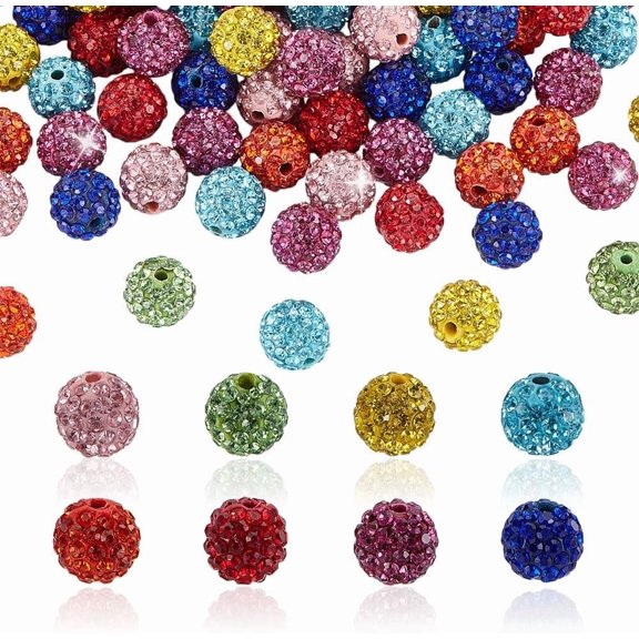 96Pcs 8 Styles Rhinestones Beads 10mm Beads Pave Disco Ball Beads Round Diamond Beads for Bracelet Necklace Earring Crafting and Jewelry Making Colorful DIY
