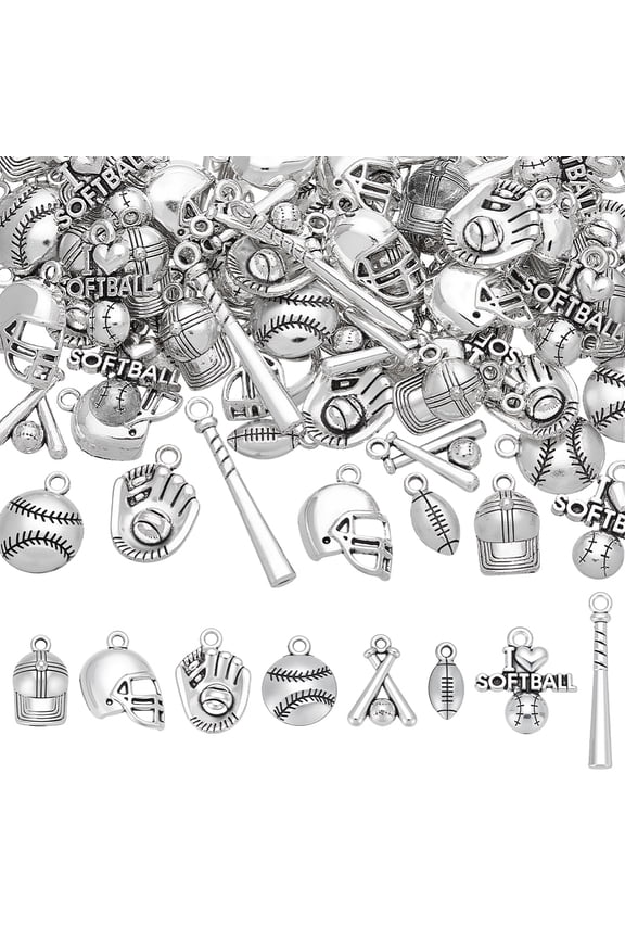 96Pcs 8 Styles Tibetan Baseball Charm Baseball Glove Bat Sports Softball Charms Silver Pendants for Bracelet Necklace Earring DIY Jewelry Making