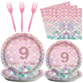 thumbnail image 1 of 96Pcs 9th Birthday Theme Decoration Party Plates, Birthday Party Mermaid Plate Tableware Set for Birthday Party, Dinner Plates Dessert Plates Napkins Forks 24 People, 1 of 4