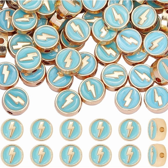96Pcs Alloy Enamel Beads Flat Round with Lightning Bolt Light Gold Light Sky Blue 8x4.5mm Hole: 1.8mm