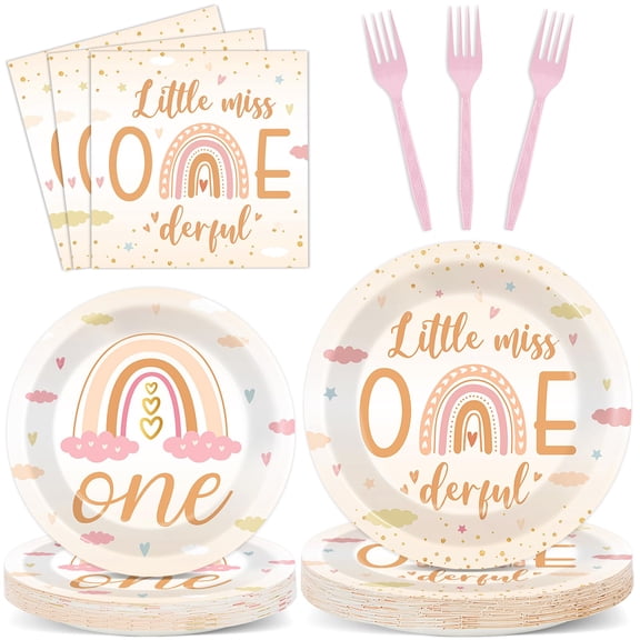 96Pcs Boho Rainbow Party Decorations Miss Little One 1st Themed Tableware Rainbow First Birthday Plates Napkins Forks Onederful 1st Dinnerware Supplies for Baby Shower Birthday Serves 24 Guests Y114