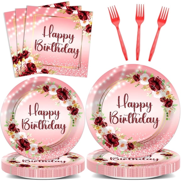 96Pcs Burgundy Birthday Party Supplies Burgundy Floral Paper Plates Napkins Flower Birthday Party Tableware Set Red Gold Dinnerware for Girl Party Baby Shower Decoration Serve 24