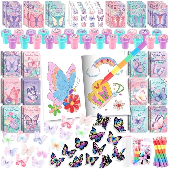 96Pcs Butterfly Party Favors Butterfly Fairy Coloring Books Crayon Stickers Set Bulk for Kids Butterfly Birthday Decor Spring Flower Tea Goodie Bag Stuffers Classroom Gifts Pinata Filler