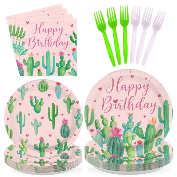 96Pcs Cactus Birthday Decorations Mexican Fiesta Plates and Napkins Watercolor Pink Green Cactus Decorations for Girls Mexico Fiesta Birthday Baby Shower Cinco De Mayo Party Supplies Serves 24 Y114