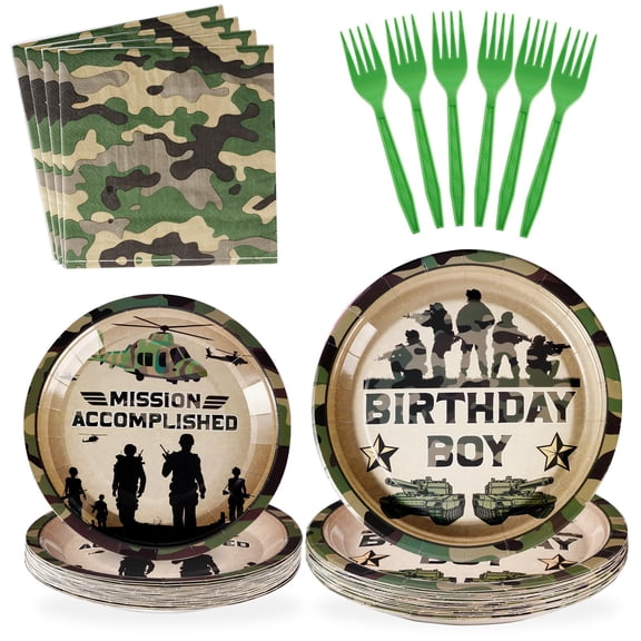 96Pcs Camo Birthday Party Supplies Camouflage Party Plates Disposable 350GSM Camouflage Paper Tableware Set for Boys Army Military Birthday Camouflage Veteran Day Party Decorations, Serves 24 Y114