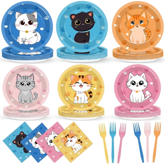 96Pcs Cat Theme Birthday Party Supplies Cartoon Kitten Plates and Napkins Cat Paw Disposable Dinner Dessert Tableware Set Kitten Dinnerware for Kids Girls Birthday Baby Shower Party Decorations Y114