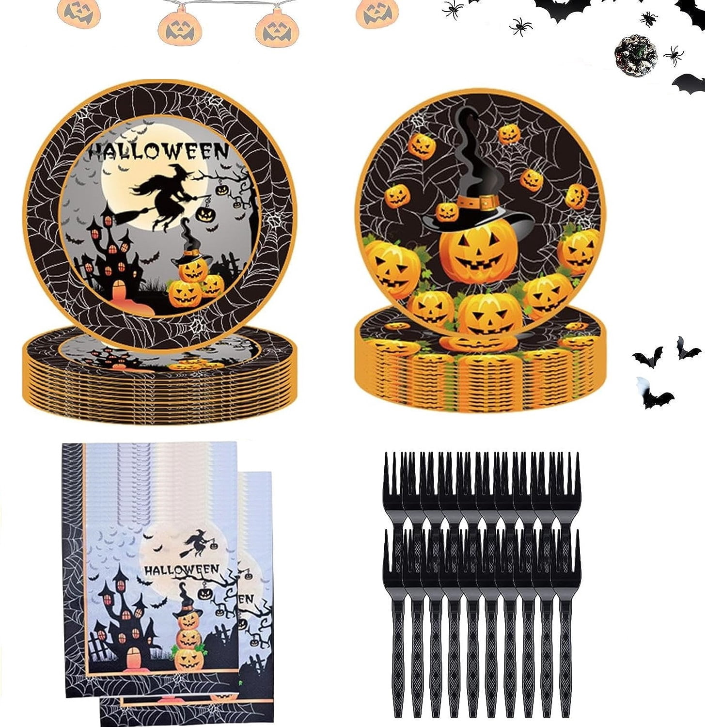 Skeleton Tableware TANGDA 96Pcs Halloween Party Supplies, Orange Black Paper Plates ...