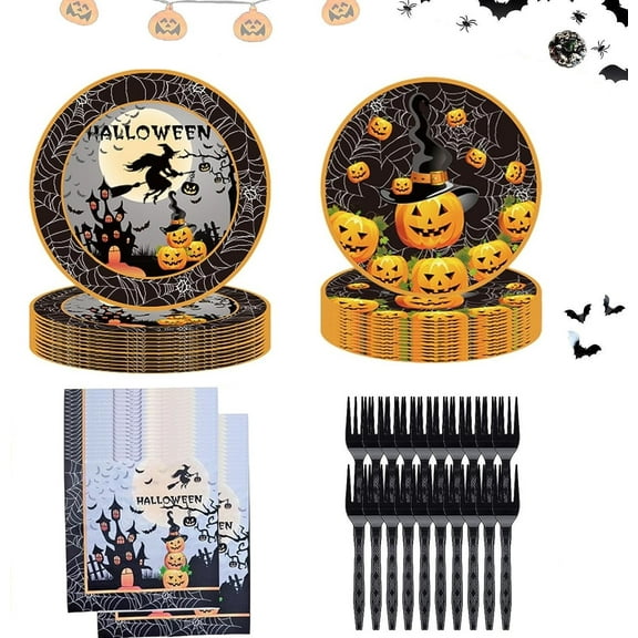 96Pcs Halloween Party Supplies Set, Kids Orange Black Tableware Decorations Pumpkin Skeleton Witch Halloween Theme Party Dinnerware