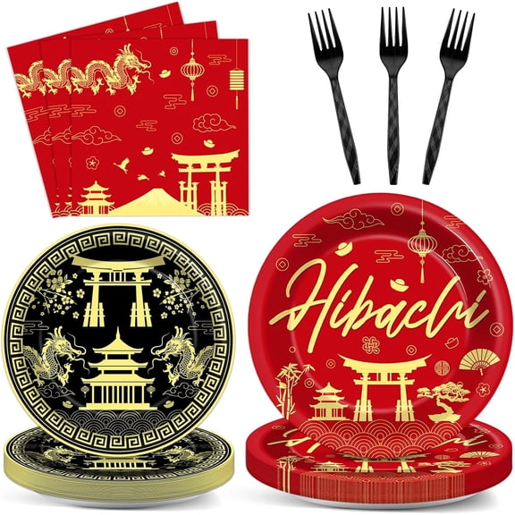 96Pcs Hibachi Party Tableware Set Japanese Themed Paper Plates and Napkins Decorations Dragon Festival Red Asian Disposable Dinnerware Set for Hibachi Japanese Birthday Party Supplies Serve 24