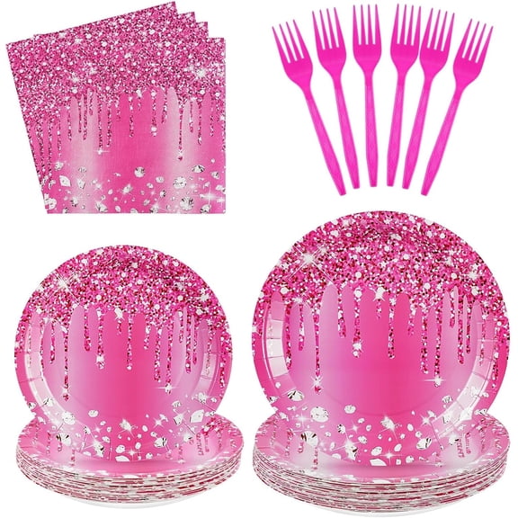 96Pcs Hot Pink Silver Birthday Party Supplies Hot Pink Plates Disposable Disco Holographic Tableware Set for Girls Women Silver Glitter Wedding Bridal Shower Birthday Party Decor, Serves 24