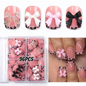 96Pcs Leopard Print French Tip Press on Nails Square Fake Nails Leopard French Acrylic Bow Charm Design False Nails Glossy Nude Pink Full Cover Stick on Nails for Women Girls DIY Manicure Decoration