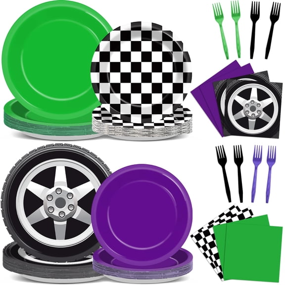 96Pcs Monster Party Supplies Green Purple Monster Birthday Party Plates and Napkins Black and White Checked Dinner Dessert Plates Tableware Set for Kids Boys Racing Car Birthday Serves 24 Y114