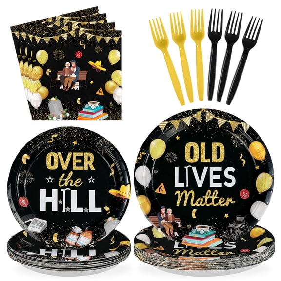 96Pcs Old Lives Matter Decoration Over The Hill Plates and Napkins Gold Black Funny Retirement Decoration Favor for Men Women 50th 60th 70th 80th Retirement Party Supplies Serves 24 Y114