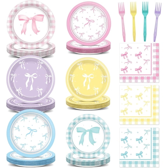 96Pcs Pastel Bow Party Plates and Napkins Rainbow Birthday Decorations Bow Theme Dessert Paper Plates Napkins Forks Tableware Set for Girls Boys Baby Shower Picnic Party Supplies Favor