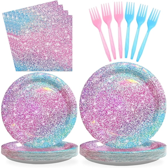 96Pcs Pastel Rainbow Party Decorations Iridescent Party Supplies 350GSM Holographic Print Rainbow Plates and Napkins Set for Baby Mermaid Birthday party Bachelorette Bridal Shower Wedding Serves 24