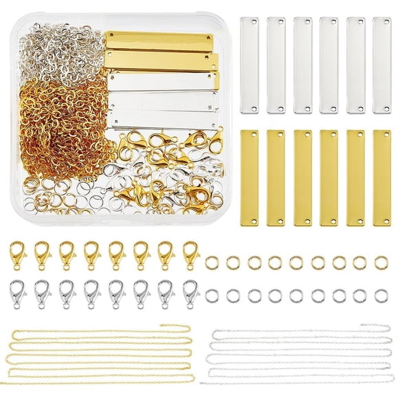 96Pcs Rectangle Stamping Blanks Brass Engraved Pendant Metal Name Plate Charm Blank Tag Charm Stainless Steel Jump Rings Alloy Lobster Claw Clasps for DIY Necklace Making Kit