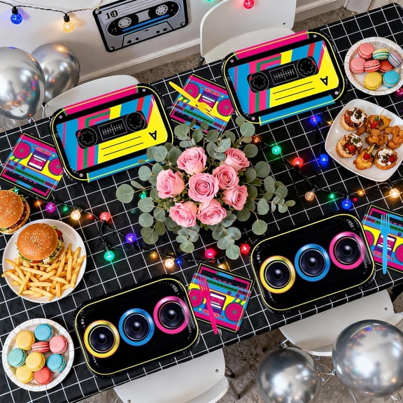 96Pcs Retro 80s 90s Party Decorations Cassette Tape Plates Napkins Disposable Tableware Set for Music Themed Birthday Disco Events