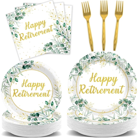 96Pcs Sage Green Retirement Party Decorations Greenery Happy Retirement Party Plates Napkins Tableware Set Gold Green Retirement Dinnerware for Men Women Coworker Goodbye Going Away Party Supplies