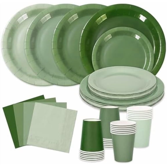 96Pcs Sage Green Tableware Set Serves 24 Gradient Green Disposable Dinnerware 24 9" Plates 24 7" Plate 24 9oz Cups 24 Napkins for Wedding Birthday Party Supplies